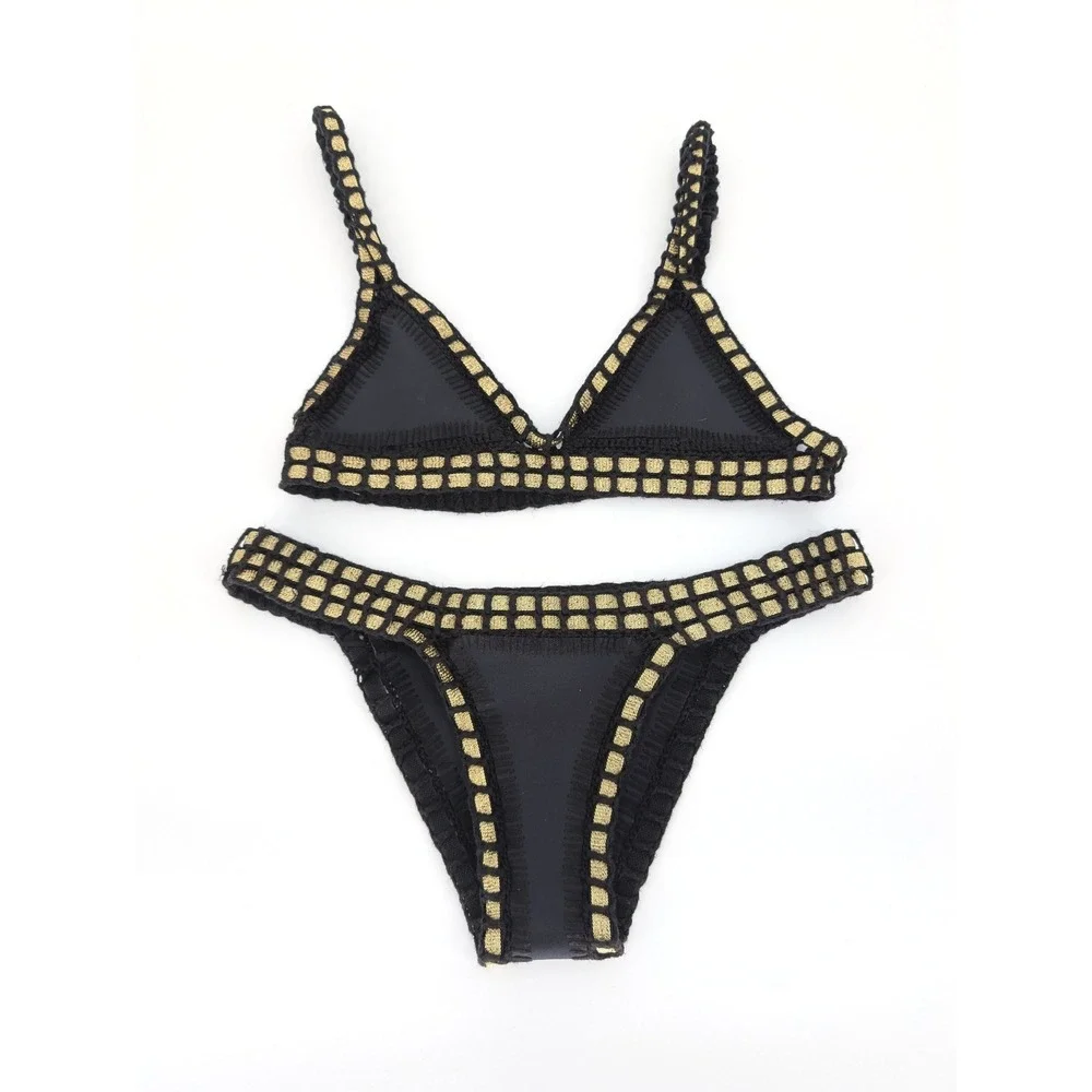 Kiini Chacha Bikini Set Women S Black Gold Crochet Trim Triangle Boho Festival - Picture 5 of 16